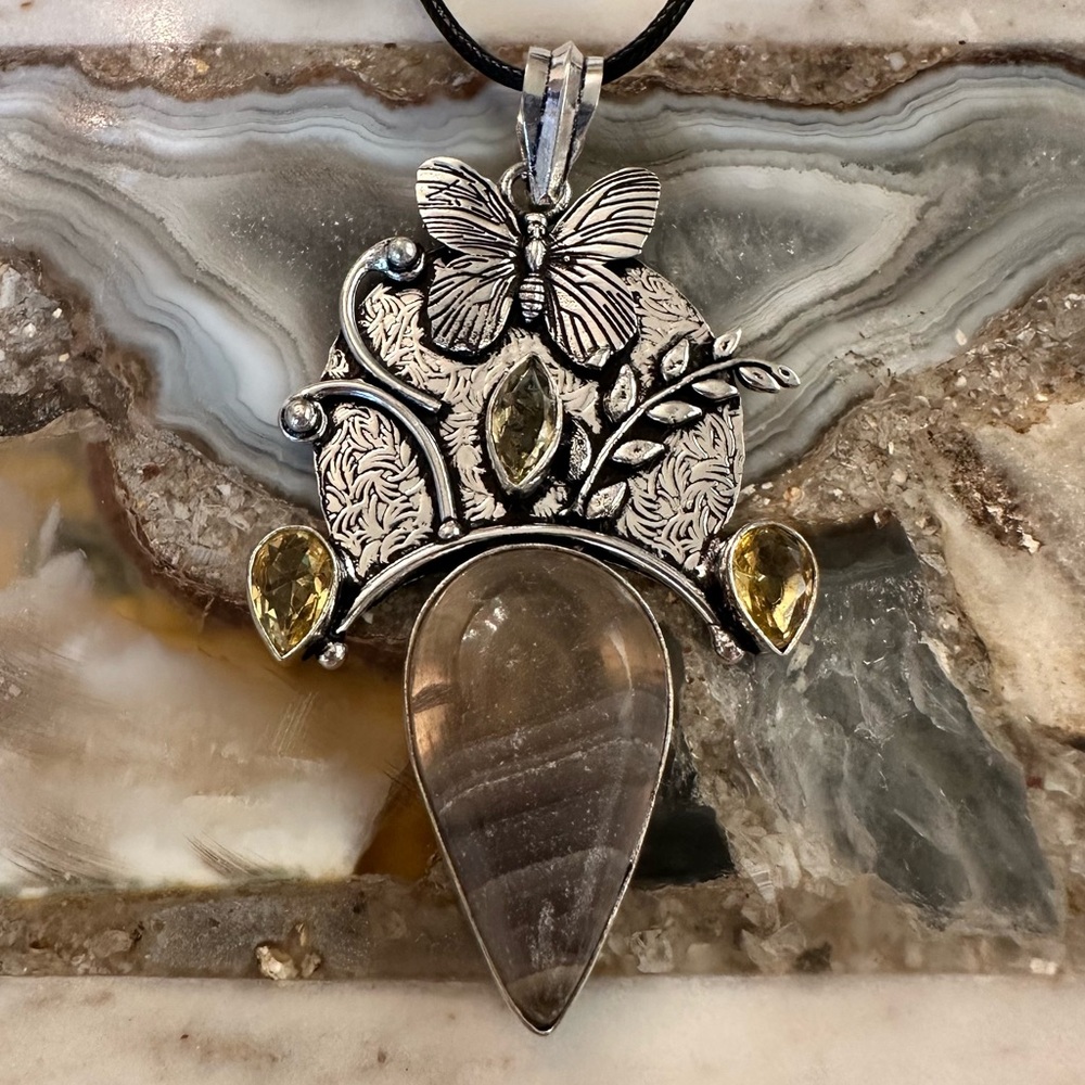 2177 Artisan Silver Butterfly Necklace with Yellow Accents